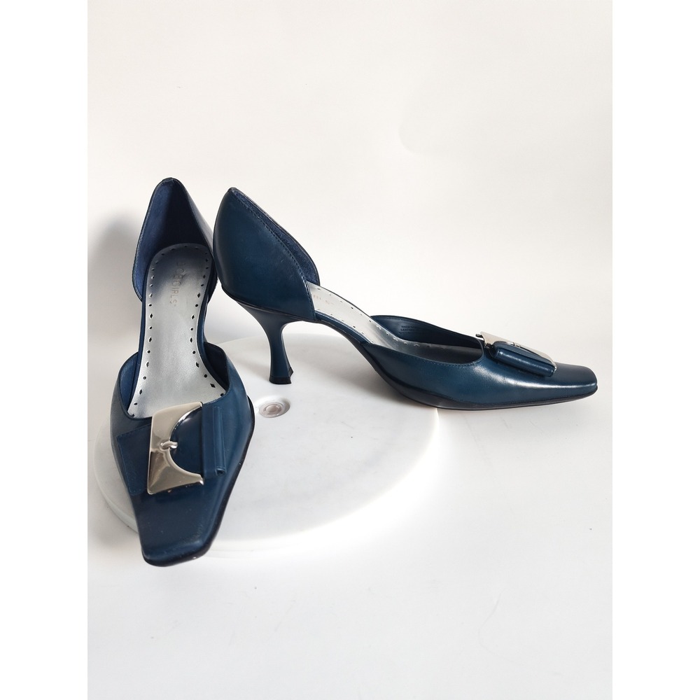 Bcbgirls Pumps 7 Y2K Heels D'Orsay Teal Blue Leather Square Toe Silver Buckle
